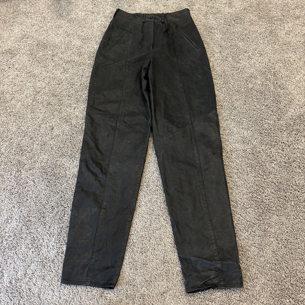 Vintage Women Leather Pants Skinny Black Button Detail Medium Vintage 90s Pocket